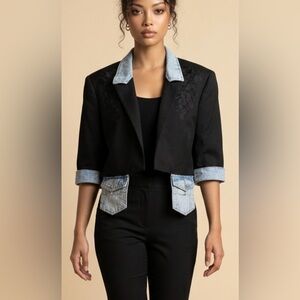 Upcycled Black embroidered front and Denim trim open front blazer size M